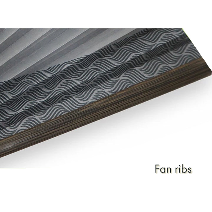 Folding Hand Fan for Men ,Surface Paper, Bamboo Frame, Gray base, A graceful sailboat rocking gently over stylized waves pattern