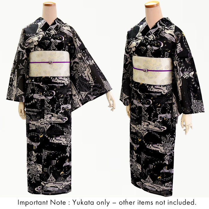 Lightweight Cotton Yukata for Women, Bold black base, Whales, waves, stars, fish and birds pattern – Inspired by Kaneko Misuzu’s Poetry, Summer Japanese Kimono Robe