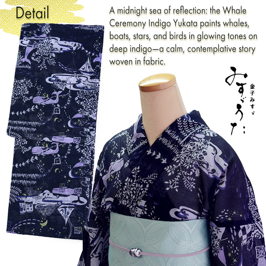 Lightweight Cotton Yukata for Women, Deep Indigo base, Whales, waves, stars, fish and birds pattern – Inspired by Kaneko Misuzu’s Poetry, Summer Japanese Kimono Robe