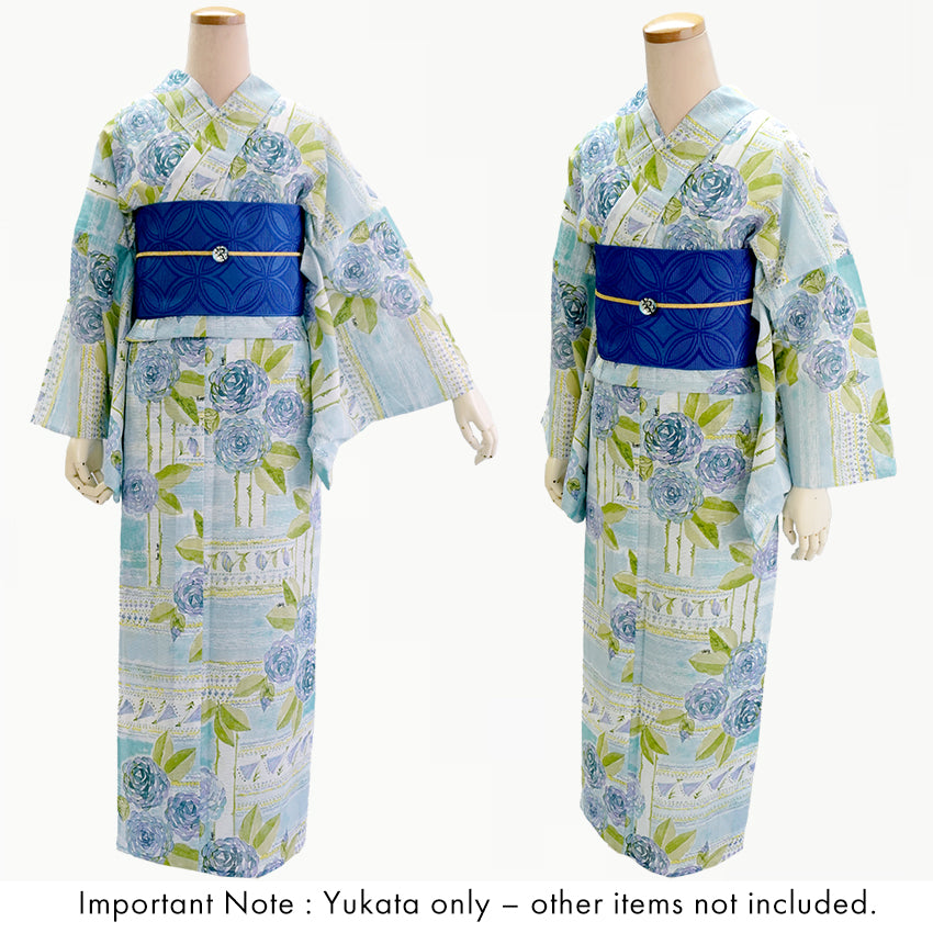 Lightweight Cotton Yukata for Women, grayish blue base, roses Flowers pattern– Inspired by Kaneko Misuzu’s Poetry, Summer Japanese Kimono Robe