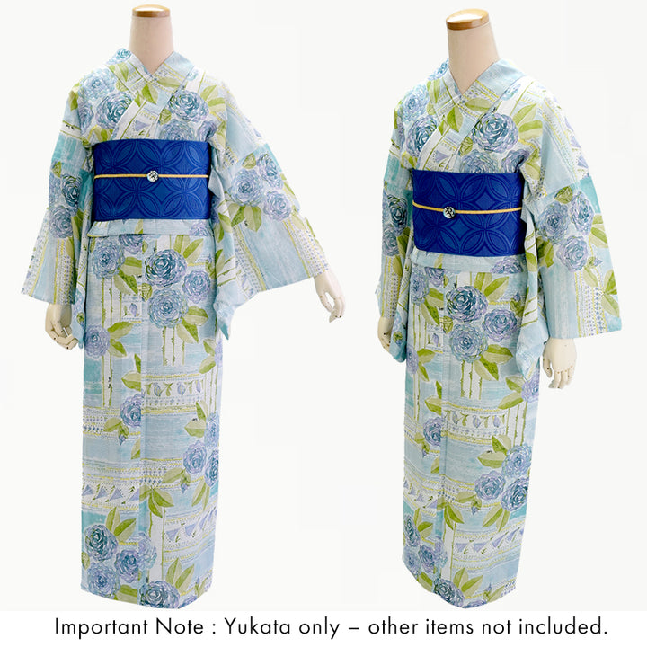 Lightweight Cotton Yukata for Women, grayish blue base, roses Flowers pattern– Inspired by Kaneko Misuzu’s Poetry, Summer Japanese Kimono Robe