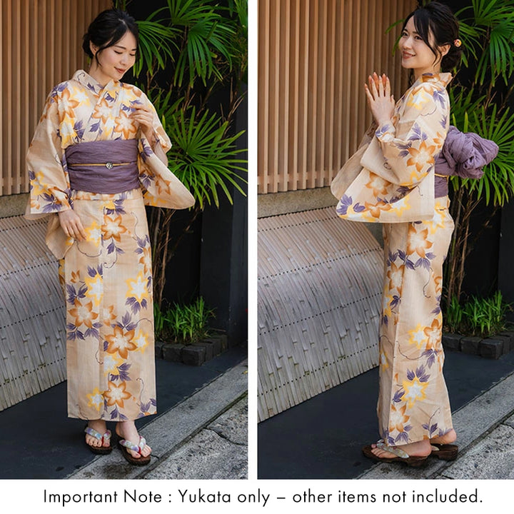 Women's Cotton Yukata, Casual Summer Kimono -Light beige Base,  “yagasuri” (arrow feather) patterns with clematis flowers