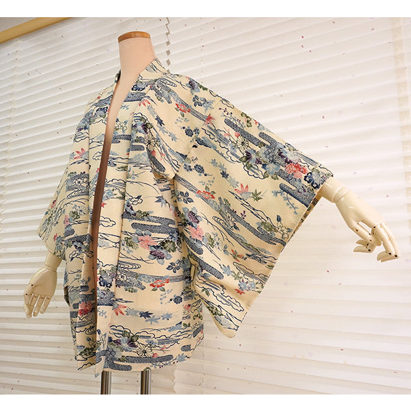 Vintage Haori Kimono Jacket Silk, Ivory Beige base, Clouds, Flowing Water, Maple Leaves & Mist Patterns