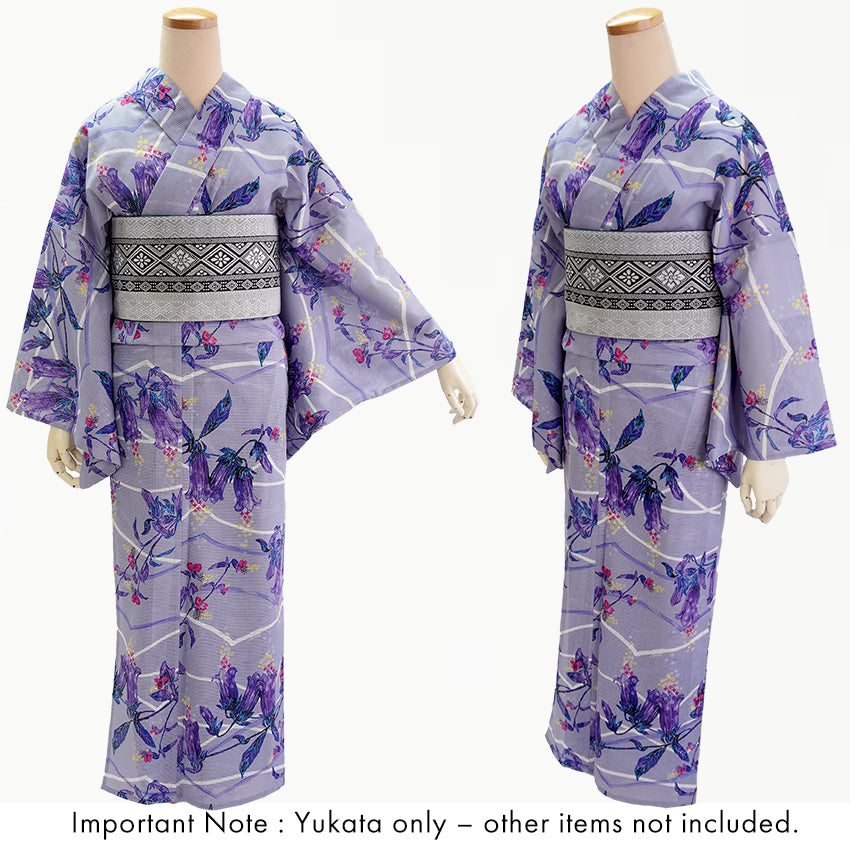 Lightweight Cotton Yukata for Women, Blue-Violet base, Bellflowers pattern– Inspired by Kaneko Misuzu’s Poetry, Summer Japanese Kimono Robe