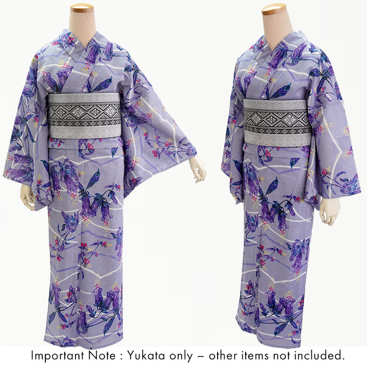 Lightweight Cotton Yukata for Women, Blue-Violet base, Bellflowers pattern– Inspired by Kaneko Misuzu’s Poetry, Summer Japanese Kimono Robe