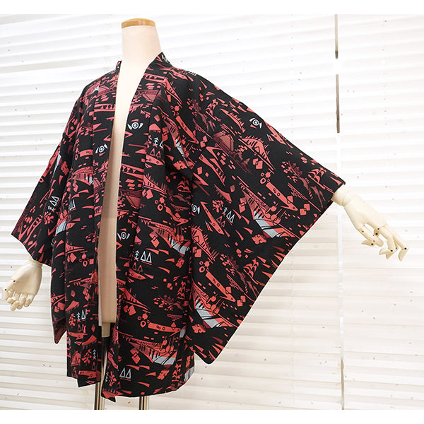 Vintage Haori Kimono Jacket Silk, Black base,Scenic Motifs
