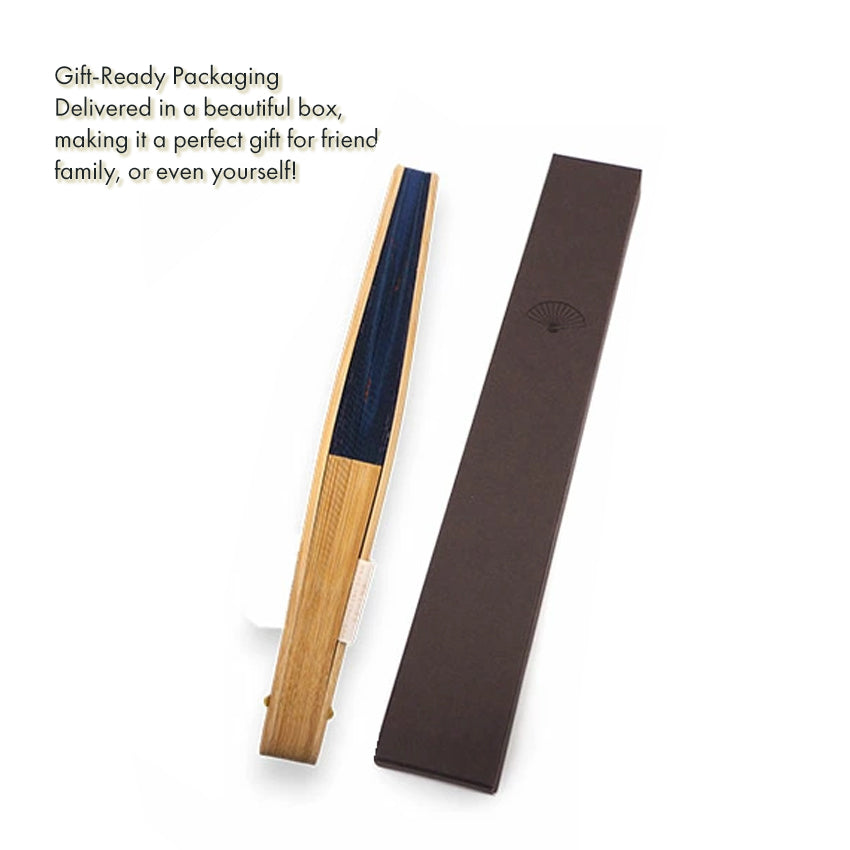 Folding Hand Fan for Men ,Surface Paper, Bamboo Frame,  Navy  base, captures the iconic Kyoto festival pattern