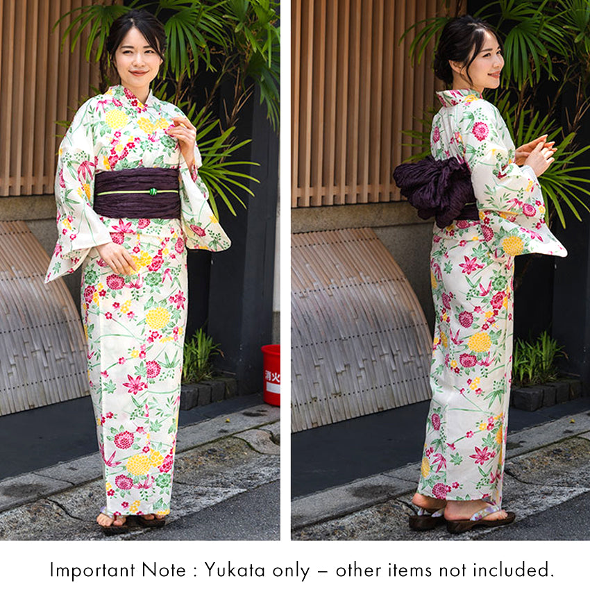 Women's Cotton Yukata, Casual Summer Kimono -Light Beige Base with Pink and yellow Autumn leaves and chrysanthemums