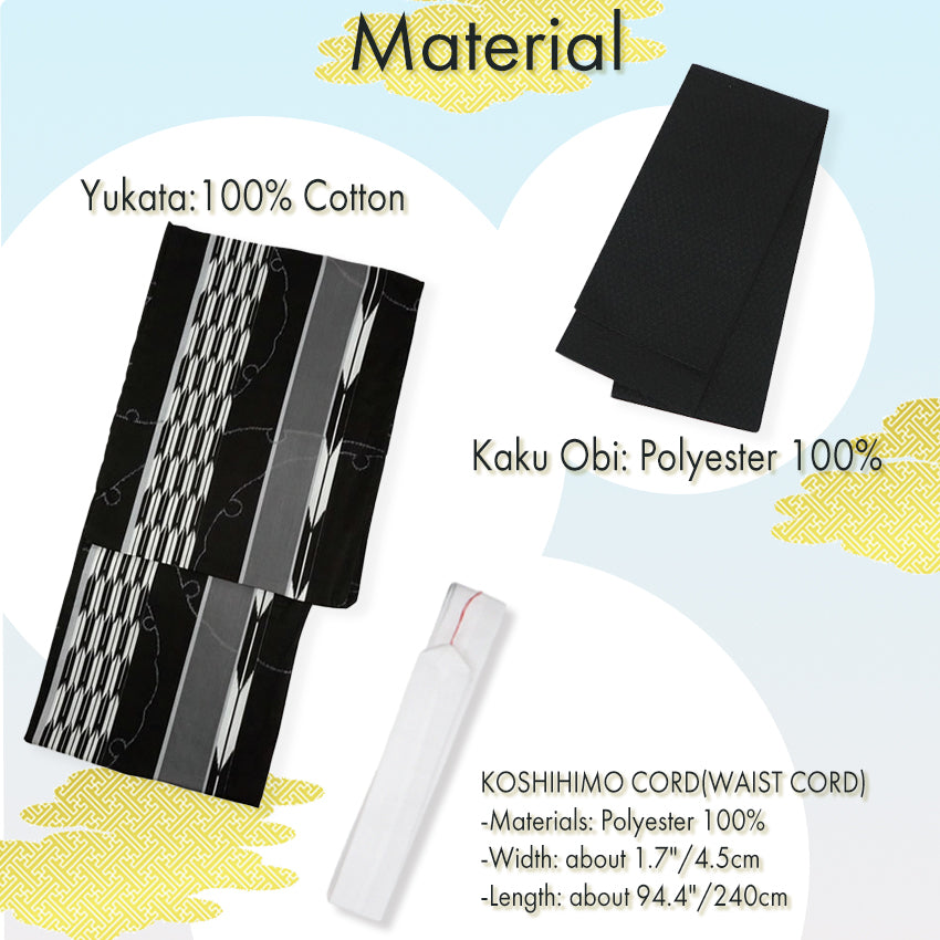 Men's Yukata Cotton Coordinate Set For Beginners : Black Yagasuri Yukata