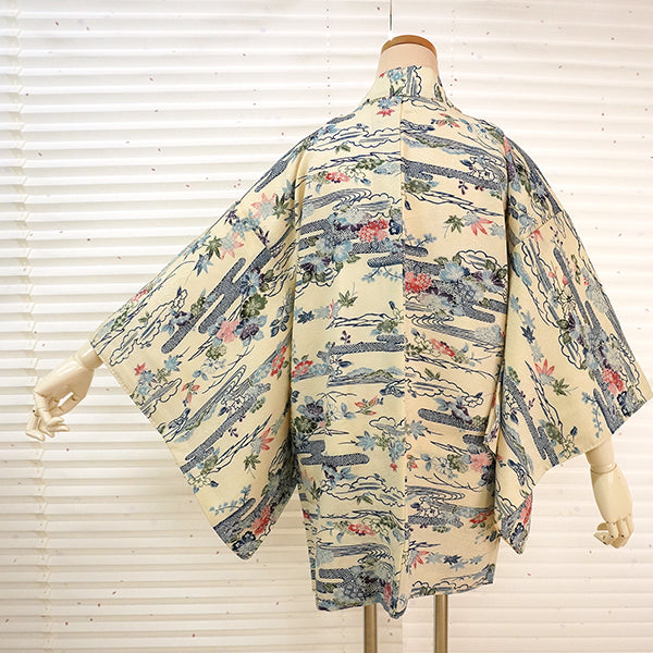 Vintage Haori Kimono Jacket Silk, Ivory Beige base, Clouds, Flowing Water, Maple Leaves & Mist Patterns