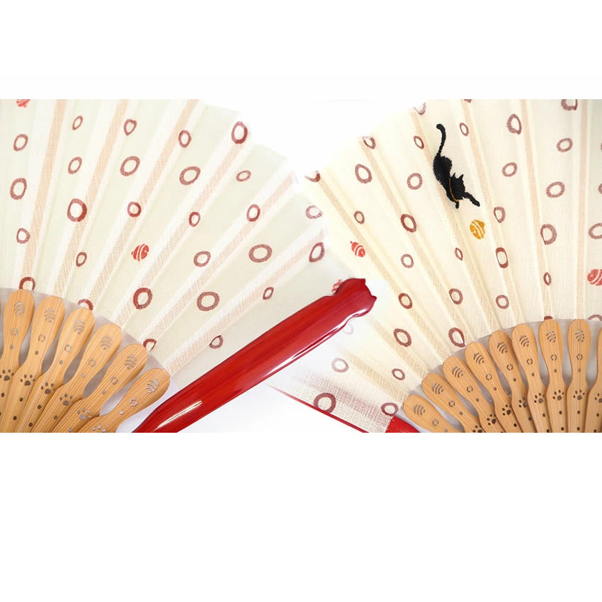 Folding Hand Fan for Lady's ,Surface Cotton, Bamboo Frame, Light Beige base with Circular Motifs and an Adorable Cat Design