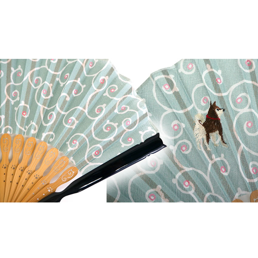 Folding Hand Fan for Lady's ,Surface Cotton, Bamboo Frame, Green base with Circles, Classic Arabesque Patterns and a Cute Dog Motif