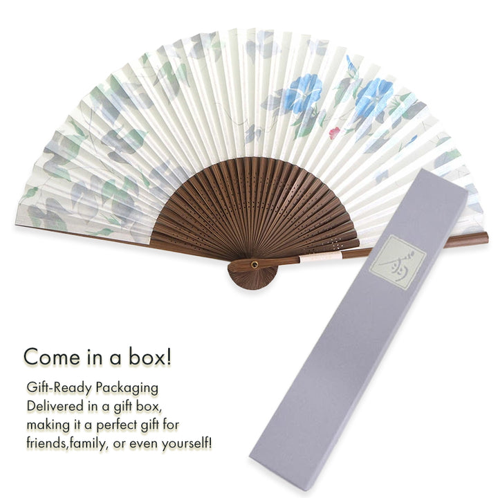 Folding Hand Fan for Lady's ,Surface Paper, Bamboo Frame, White base with Flower, Elegant Blue Morning Glories