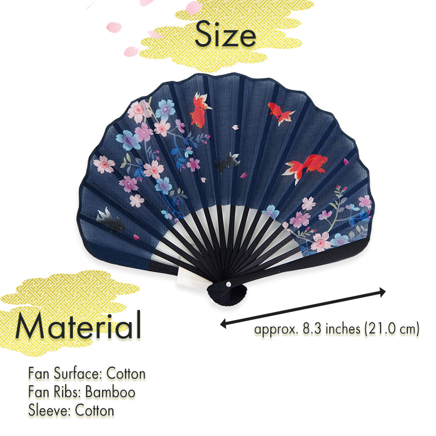 Folding Hand Fan for Lady's ,Surface Cotton, Bamboo Frame, Navy base Goldfish with Flowers Set