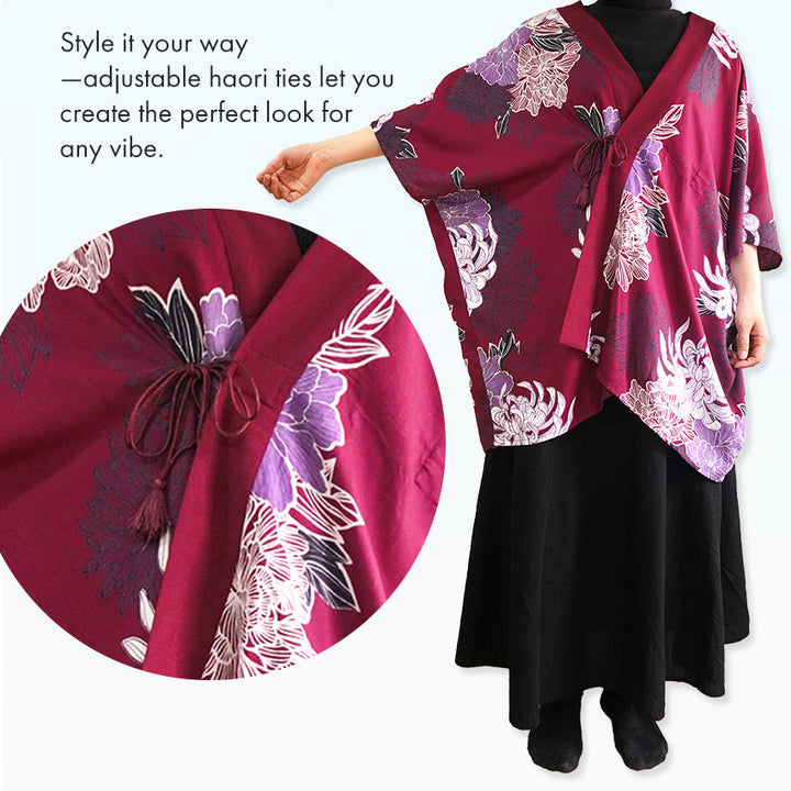 Lady's Haori , Kimono Cardigan -Navy, Dark red base –  Summer Chrysanthemum
