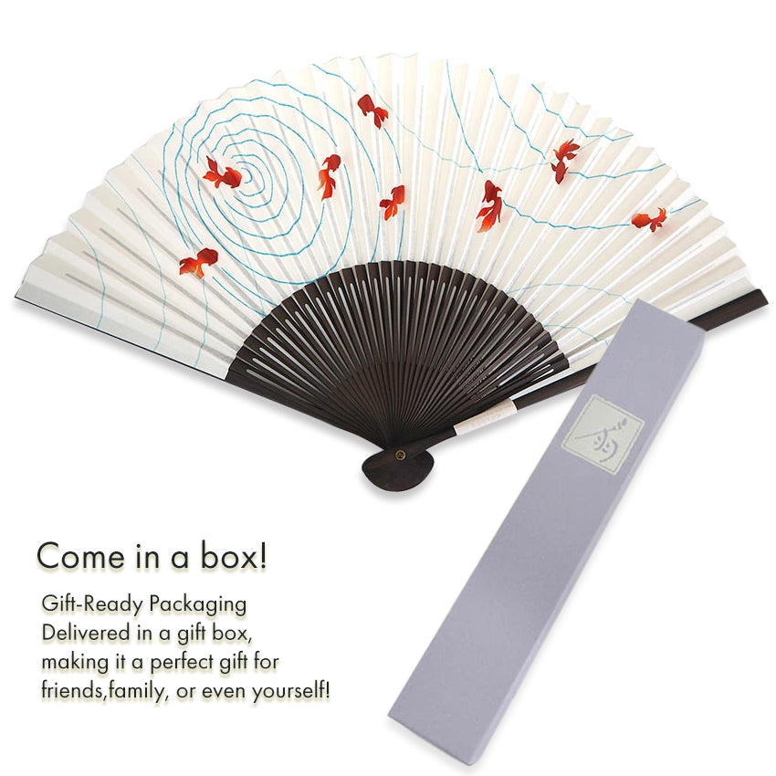 Folding Hand Fan for Lady's ,Surface Paper, Bamboo Frame, White base with Goldfish, wave pattern