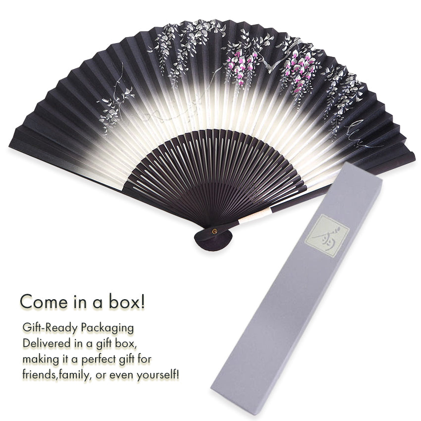 Folding Hand Fan for Lady's ,Surface Paper, Bamboo Frame, Nearly Black Navy base with Flower, Wisteria