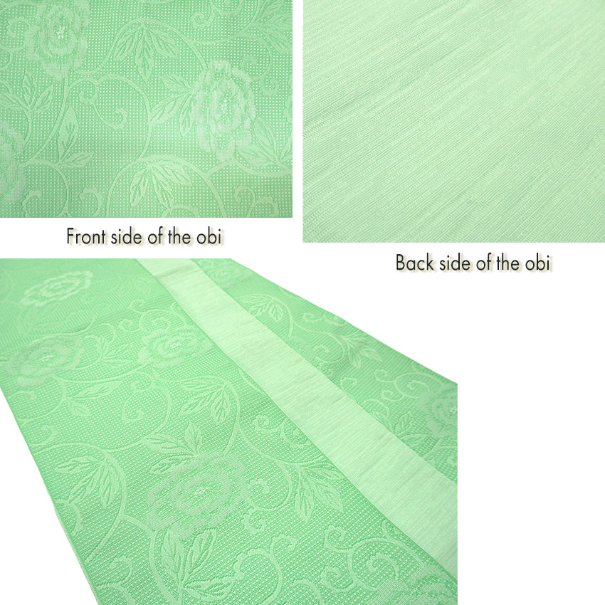 Women's Lightweight Cotton Yukata ＆Obi -2piece Coordinate set, Casual Summer Kimono  -Off-White Base with Blue, Green, and Navy Floral Arabesque