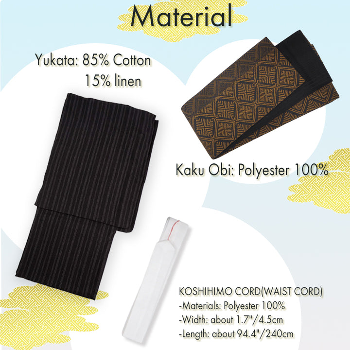 Men's Yukata Cotton & Linen Coordinate Set For Beginners : Black with Random Stripes Yukata