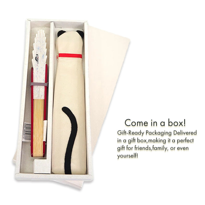 Folding Hand Fan for Lady's ,Surface Cotton, Bamboo Frame, Light Beige base with Cat peeking into a goldfish bowl