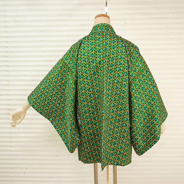 Vintage Haori Kimono Jacket Silk, Green base, Colorful Geometric Patterns