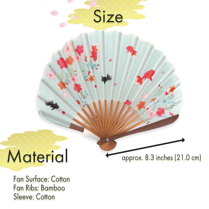Folding Hand Fan for Lady's ,Surface Cotton, Bamboo Frame, Blue base Goldfish with Flowers Set