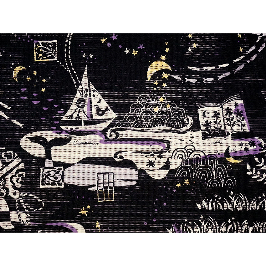 Lightweight Cotton Yukata for Women, Bold black base, Whales, waves, stars, fish and birds pattern – Inspired by Kaneko Misuzu’s Poetry, Summer Japanese Kimono Robe