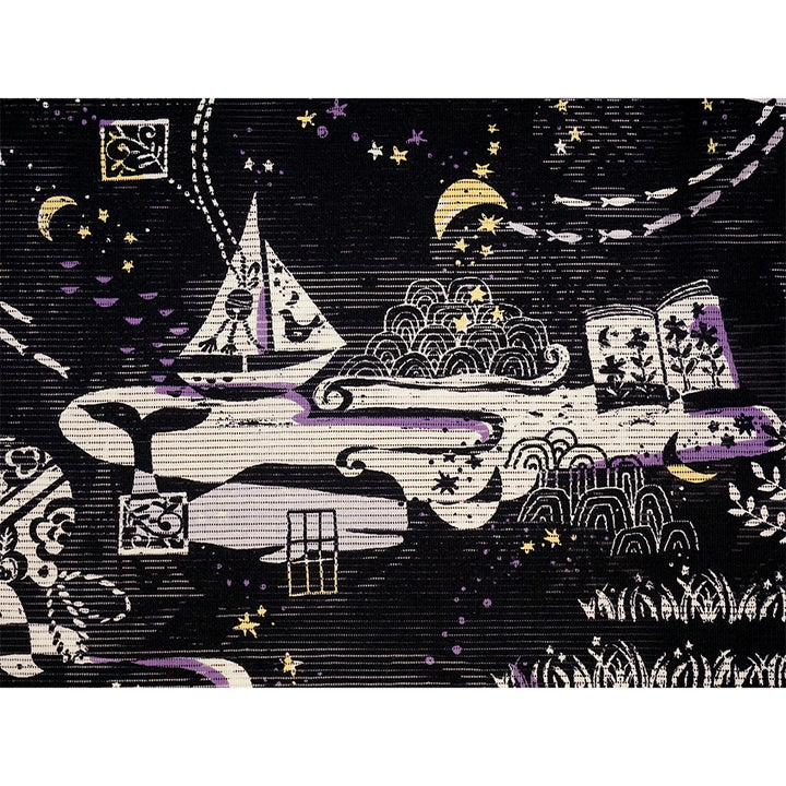 Lightweight Cotton Yukata for Women, Bold black base, Whales, waves, stars, fish and birds pattern – Inspired by Kaneko Misuzu’s Poetry, Summer Japanese Kimono Robe