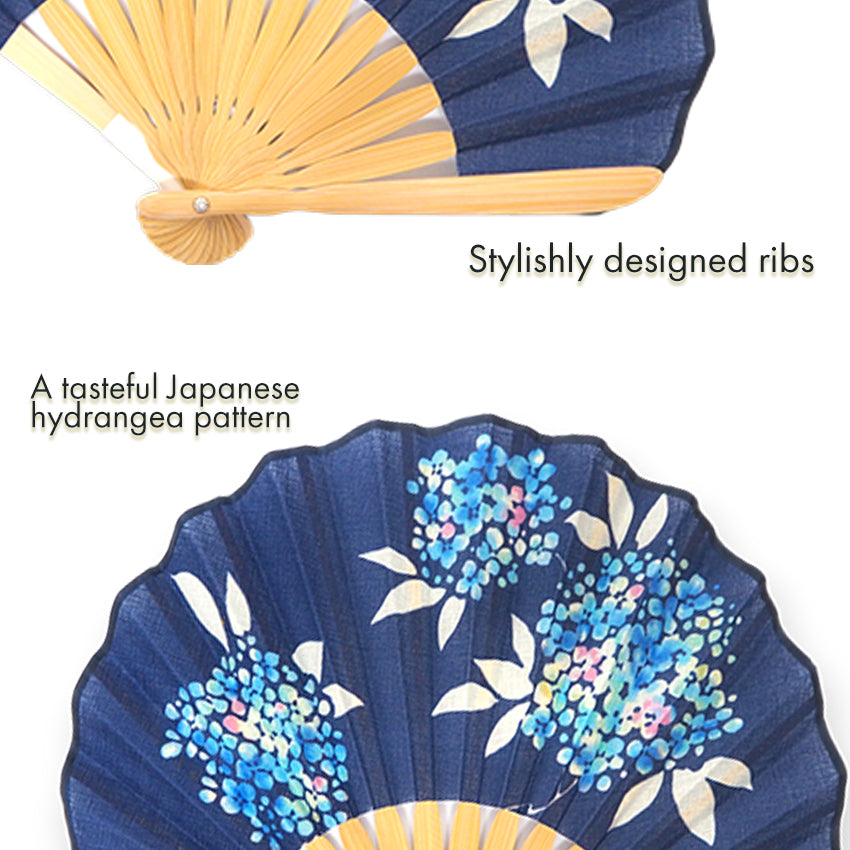 Folding Hand Fan for Lady's ,Surface Cotton, Bamboo Frame, Navy (navy background with gradations of blue, light blue, pink, and white hydrangeas)