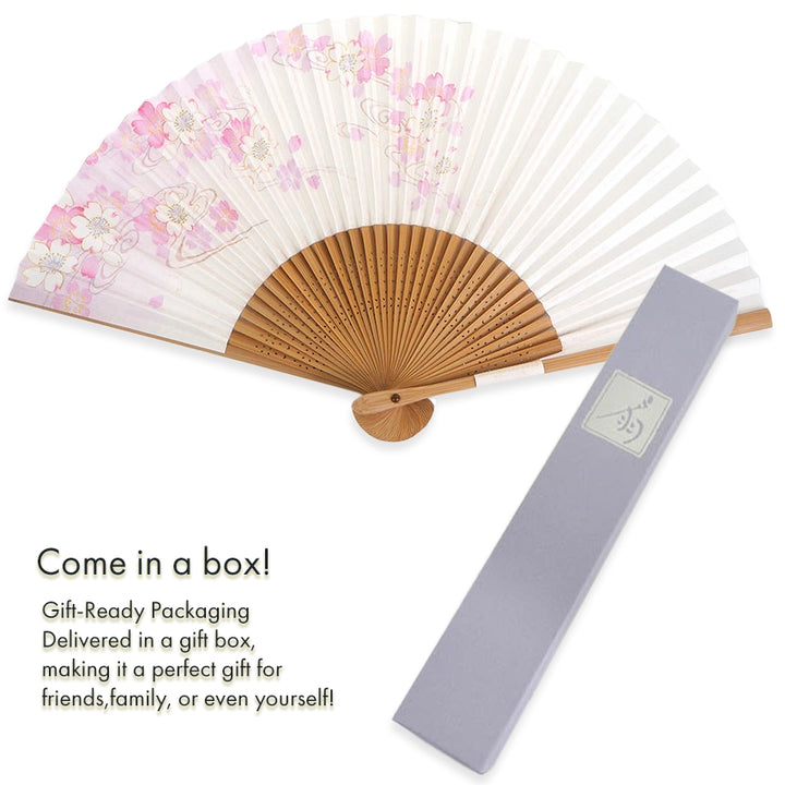 Folding Hand Fan for Lady's ,Surface Paper, Bamboo Frame, White base with Pink Flowing water & Cherry Blossoms pattrn