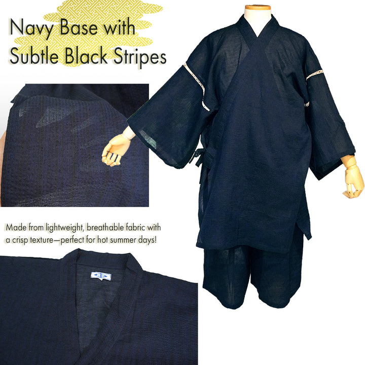 Men’s Cool & Comfortable Jinbei, Navy Base with Subtle Black Stripes – Lightweight Cotton ＆Linen Summer Loungewear, Sleepwear