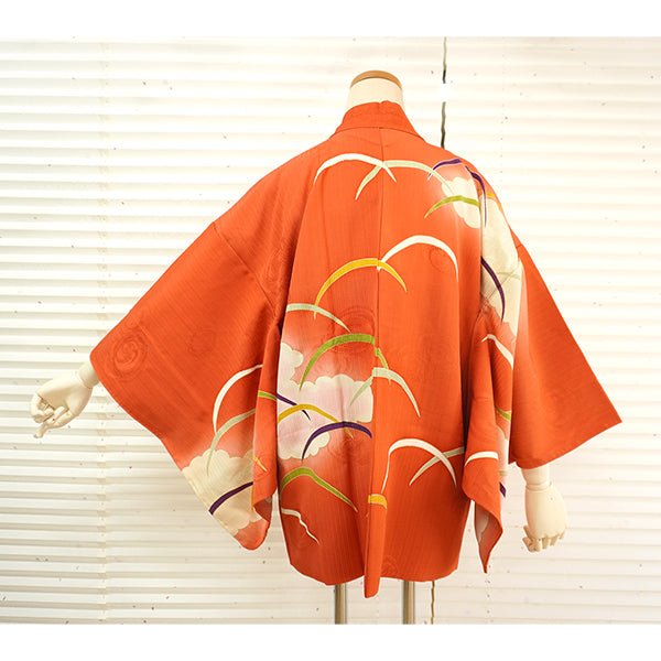 Vintage Haori Kimono Jacket Silk, Vivid Orange base, Cloud ,Dew-on-Grass Motifs