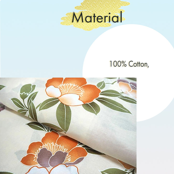 Women's Cotton Yukata, Casual Summer Kimono -Beige Base with Camellia Design