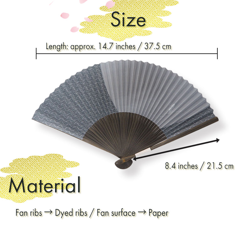 Folding Hand Fan for Men ,Surface Paper, Bamboo Frame, Gray base, A graceful sailboat rocking gently over stylized waves pattern