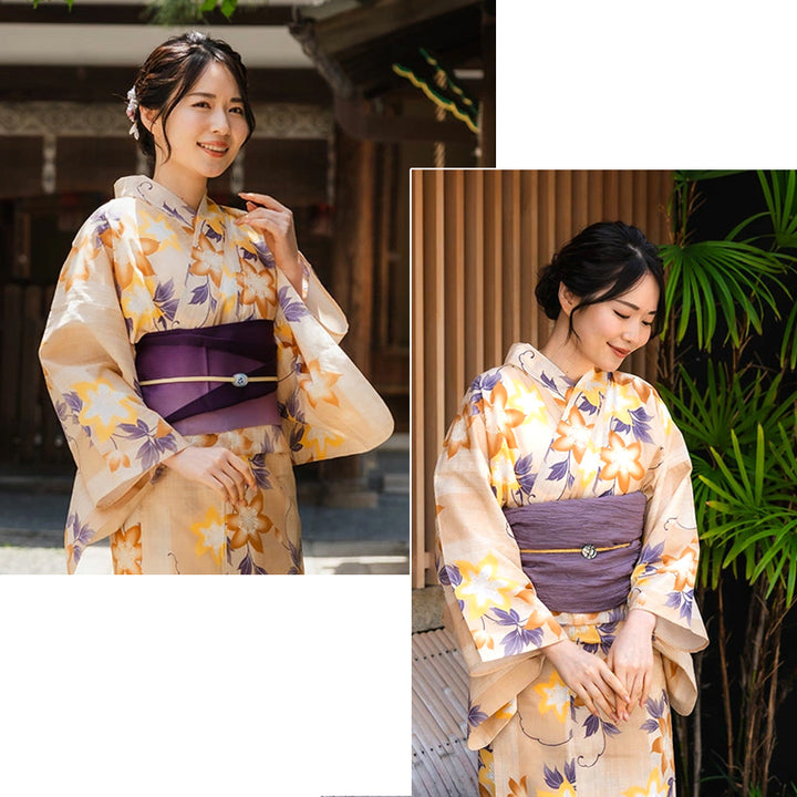 Women's Cotton Yukata, Casual Summer Kimono -Light beige Base,  “yagasuri” (arrow feather) patterns with clematis flowers