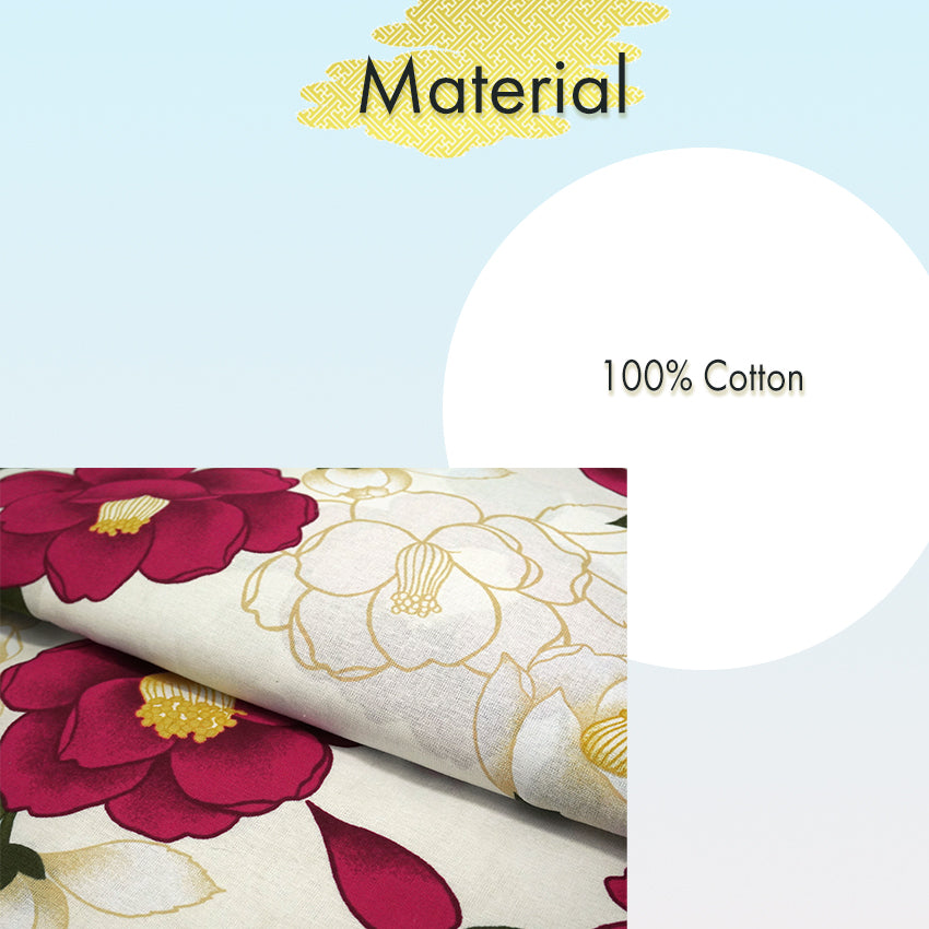 Plus‑Size Women's Cotton Yukata (3L/4L/5L), Casual Summer Kimono – Light Beige with Red Camellia Pattern