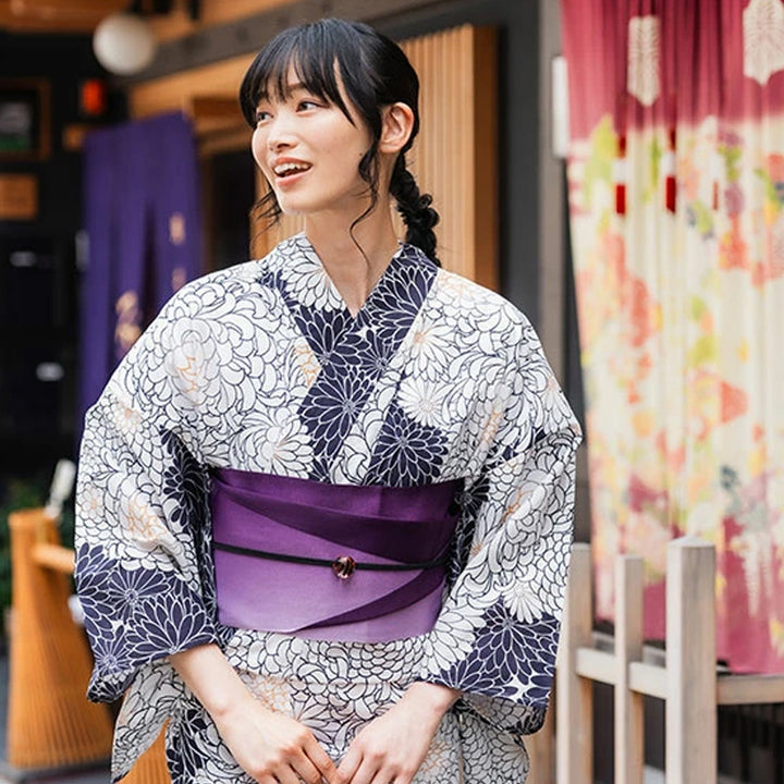 Women's Cotton Yukata, Casual Summer Kimono -White Base with Chrysanthemum Allover