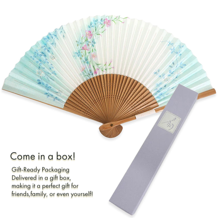 Folding Hand Fan for Lady's ,Surface Paper, Bamboo Frame, White/Light Blue Gradation base with Flower White & Pink Dianthus