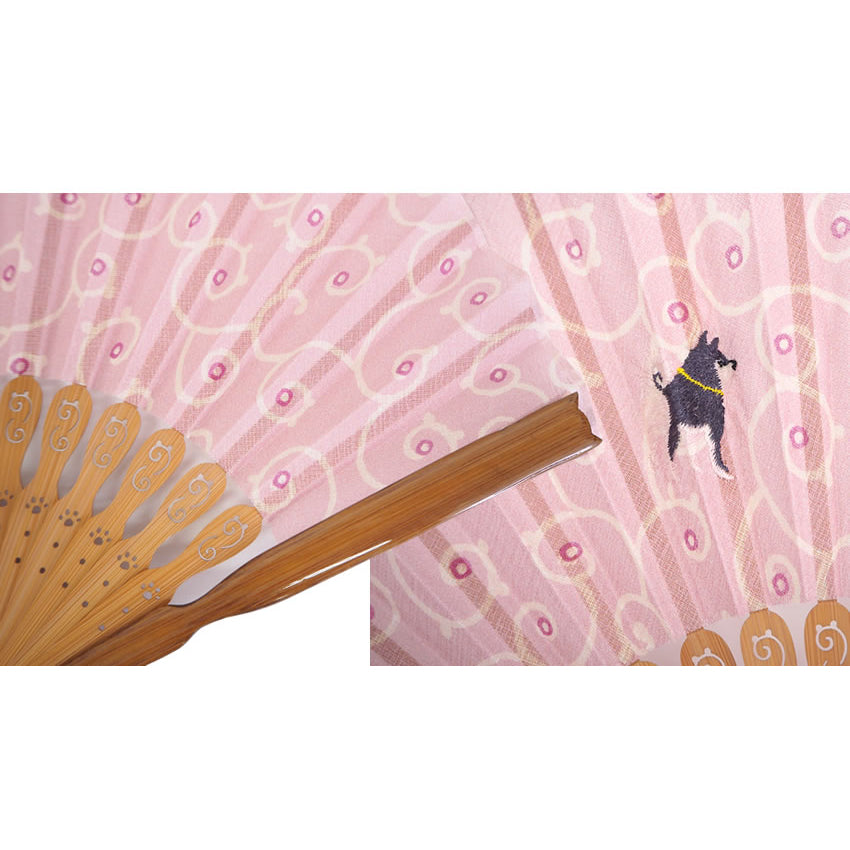 Folding Hand Fan for Lady's ,Surface Cotton, Bamboo Frame, Pink base with Circles, Classic Arabesque Patterns and a Cute Dog Motif