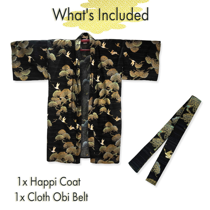 Men's Happi Coat: Kimono Robe -Black, Navy Blue, Red base, Cranes & Pine Trees