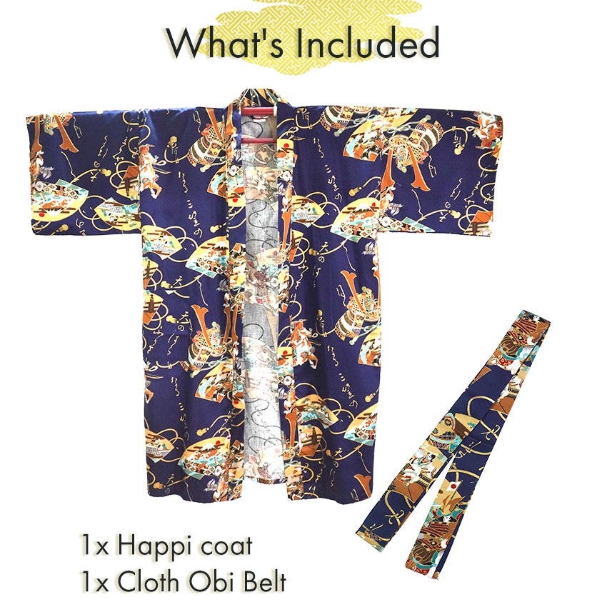 Men's Happi Coat: Kimono Robe -  Samurai helmet , Fans, Castle, Mt. Fuji