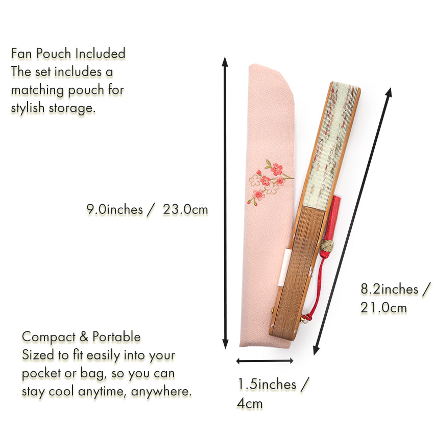 Folding Hand Fan for Lady's ,Surface Cotton, Bamboo Frame, Wakakusa -light green with pink-blushed cherry blossoms, slightly sheer