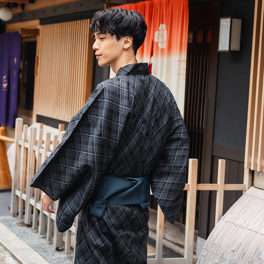 Men's Yukata Cotton : Black with Checkered Pattern Yukata