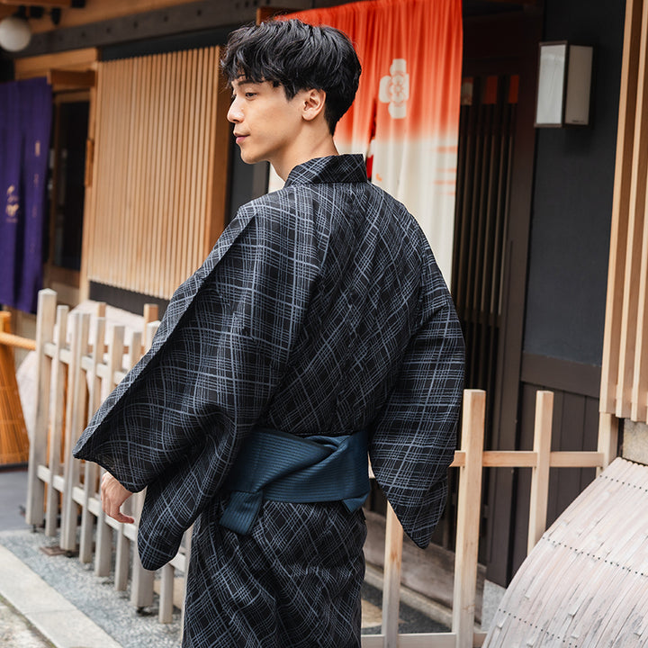 Men's Yukata Cotton : Black with Checkered Pattern Yukata