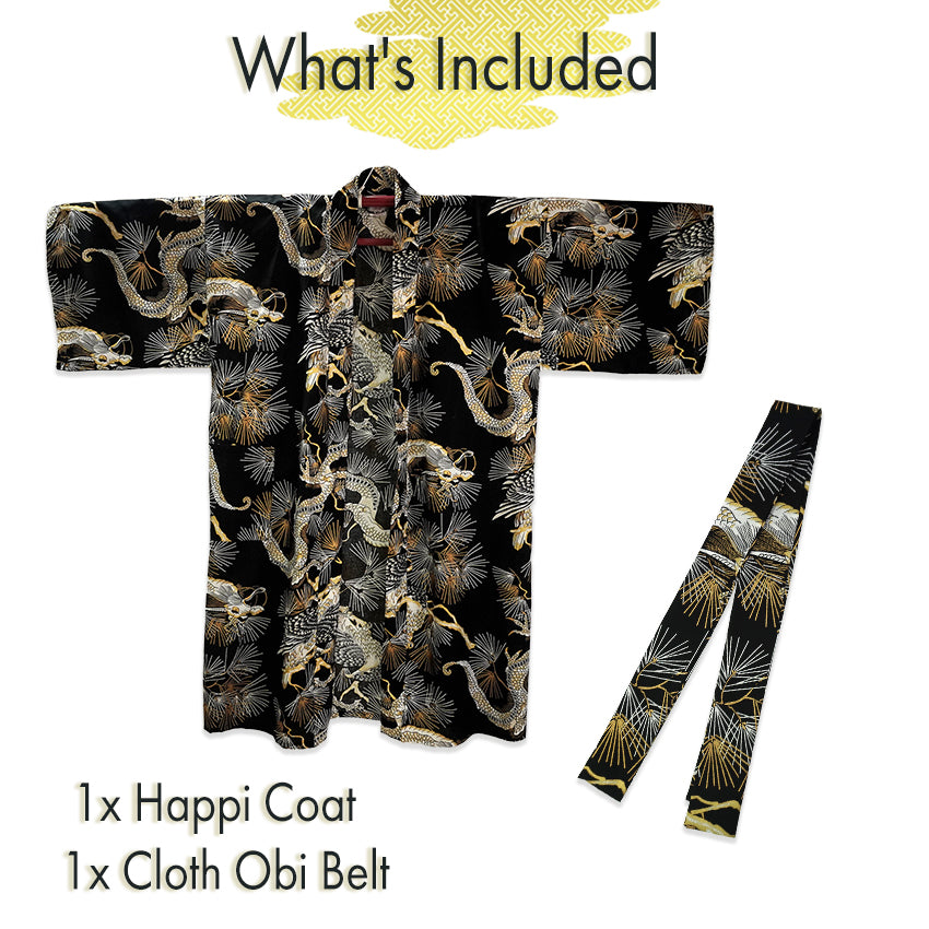 Men's Happi Coat: Kimono Robe -Black base, – Pine Needles, Dragons & Hawks