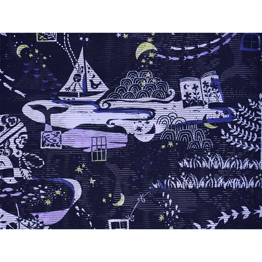 Lightweight Cotton Yukata for Women, Deep Indigo base, Whales, waves, stars, fish and birds pattern – Inspired by Kaneko Misuzu’s Poetry, Summer Japanese Kimono Robe