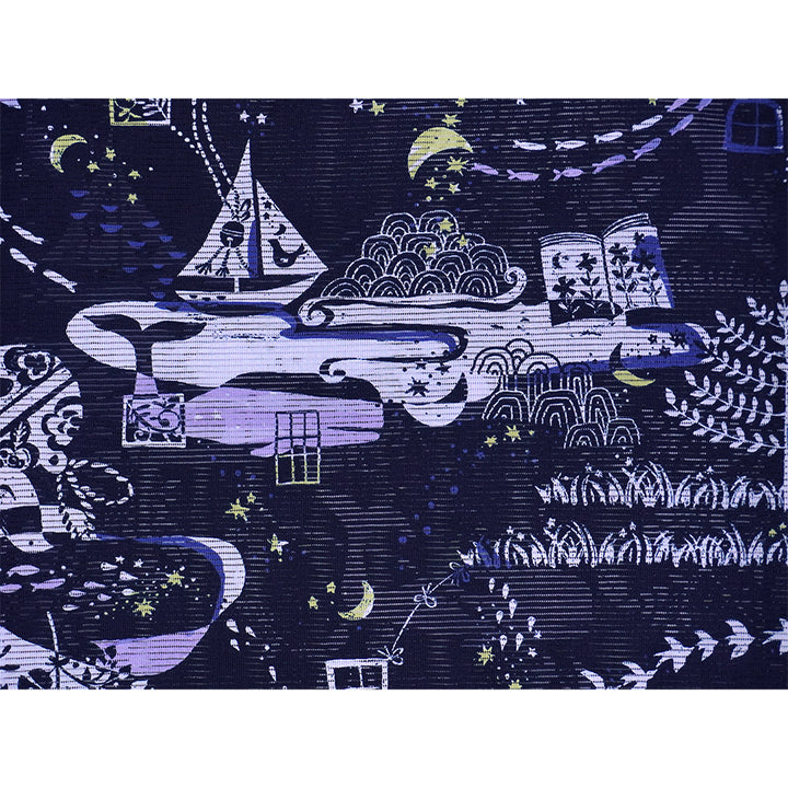 Lightweight Cotton Yukata for Women, Deep Indigo base, Whales, waves, stars, fish and birds pattern – Inspired by Kaneko Misuzu’s Poetry, Summer Japanese Kimono Robe