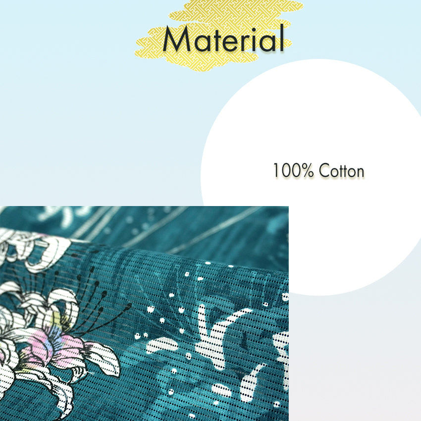 Lightweight Cotton Yukata for Women, vivid blue-green base, Spider lilies Flowers pattern– Inspired by Kaneko Misuzu’s Poetry, Summer Japanese Kimono Robe