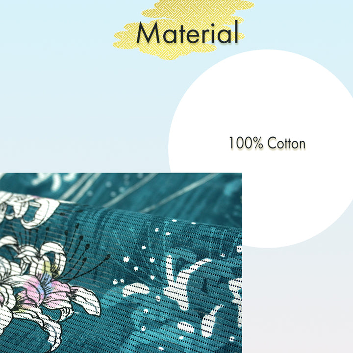 Lightweight Cotton Yukata for Women, vivid blue-green base, Spider lilies Flowers pattern– Inspired by Kaneko Misuzu’s Poetry, Summer Japanese Kimono Robe