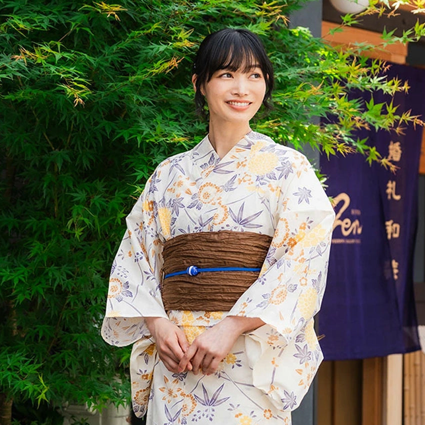 Women's Cotton Yukata, Casual Summer Kimono -Light Beige Base with
